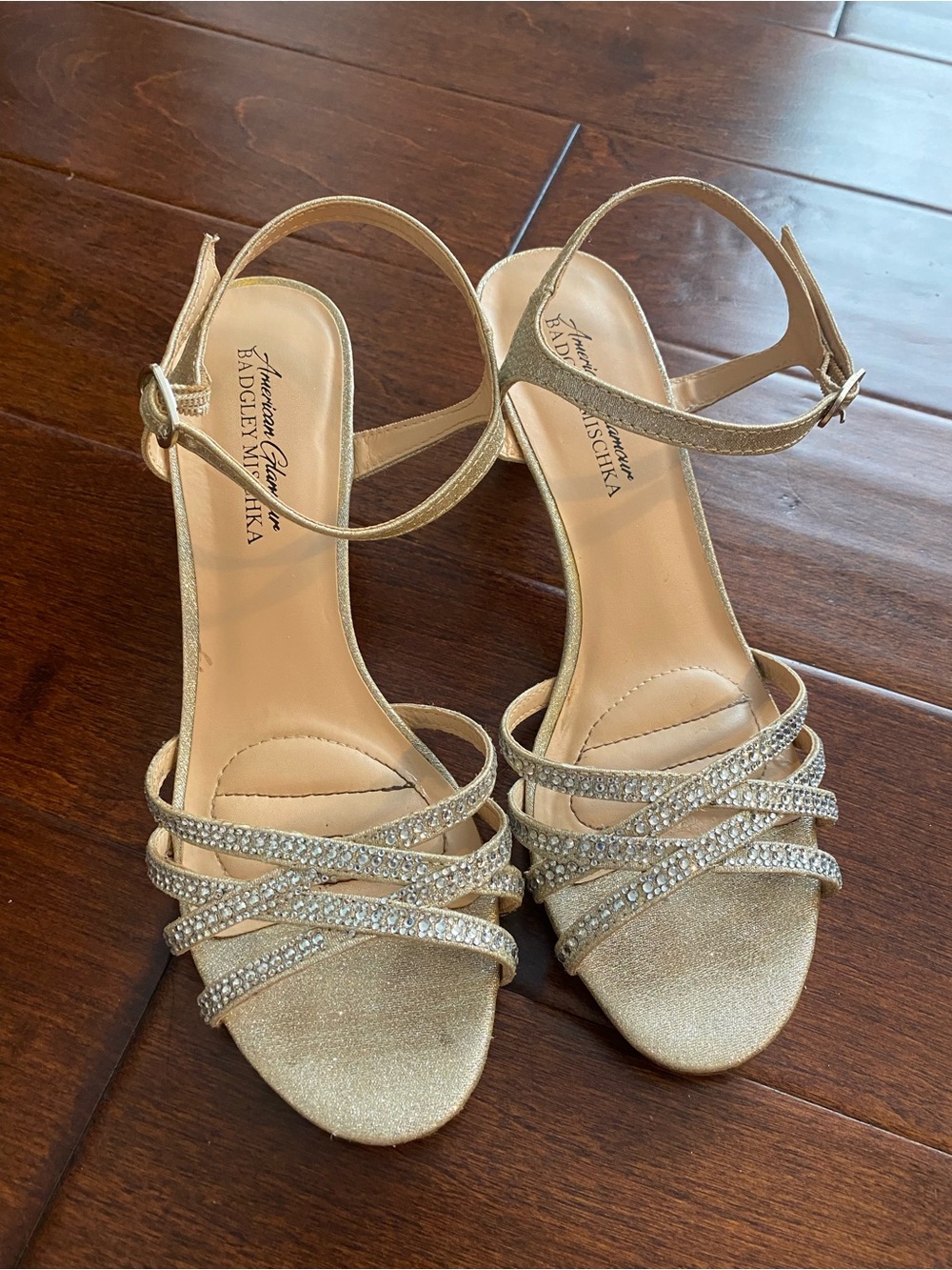 American Glamour by Badgley Mischka Women’s 7.5 Rhinestone Strappy Heels